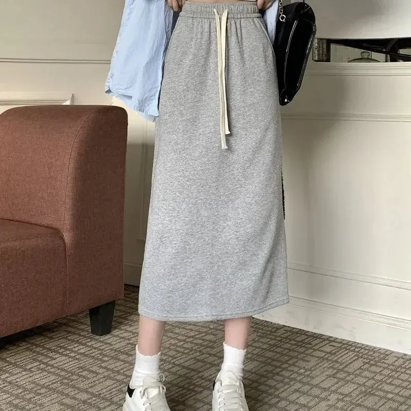 Aiertu Elegant Grey Long Skirts Women Korean Style Black Wrap Skirt Vintage Streetwear A-line Casual Solid All-match Skirts