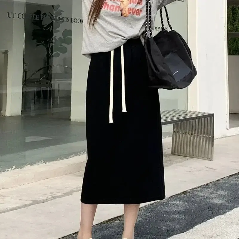 Aiertu Elegant Grey Long Skirts Women Korean Style Black Wrap Skirt Vintage Streetwear A-line Casual Solid All-match Skirts