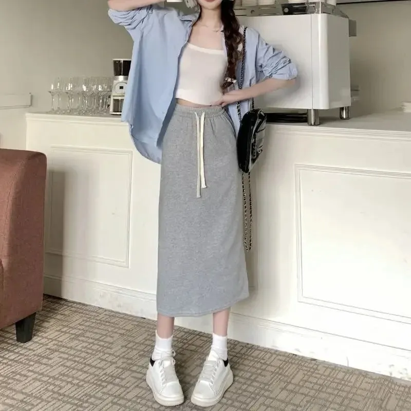 Aiertu Elegant Grey Long Skirts Women Korean Style Black Wrap Skirt Vintage Streetwear A-line Casual Solid All-match Skirts