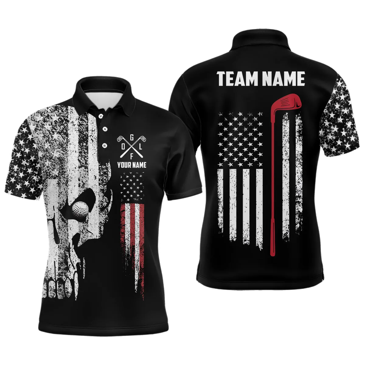 American Flag Skull Mens Golf Polo Shirts Custom Patriotic Scary Golf Shirts For Men Golf Gifts