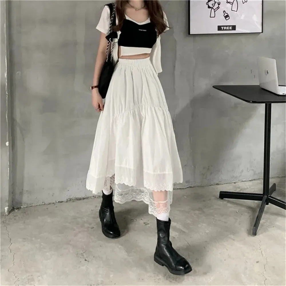 Amy Fashion - Black Gothic Lace Stitching Irregular Pleated Skirt