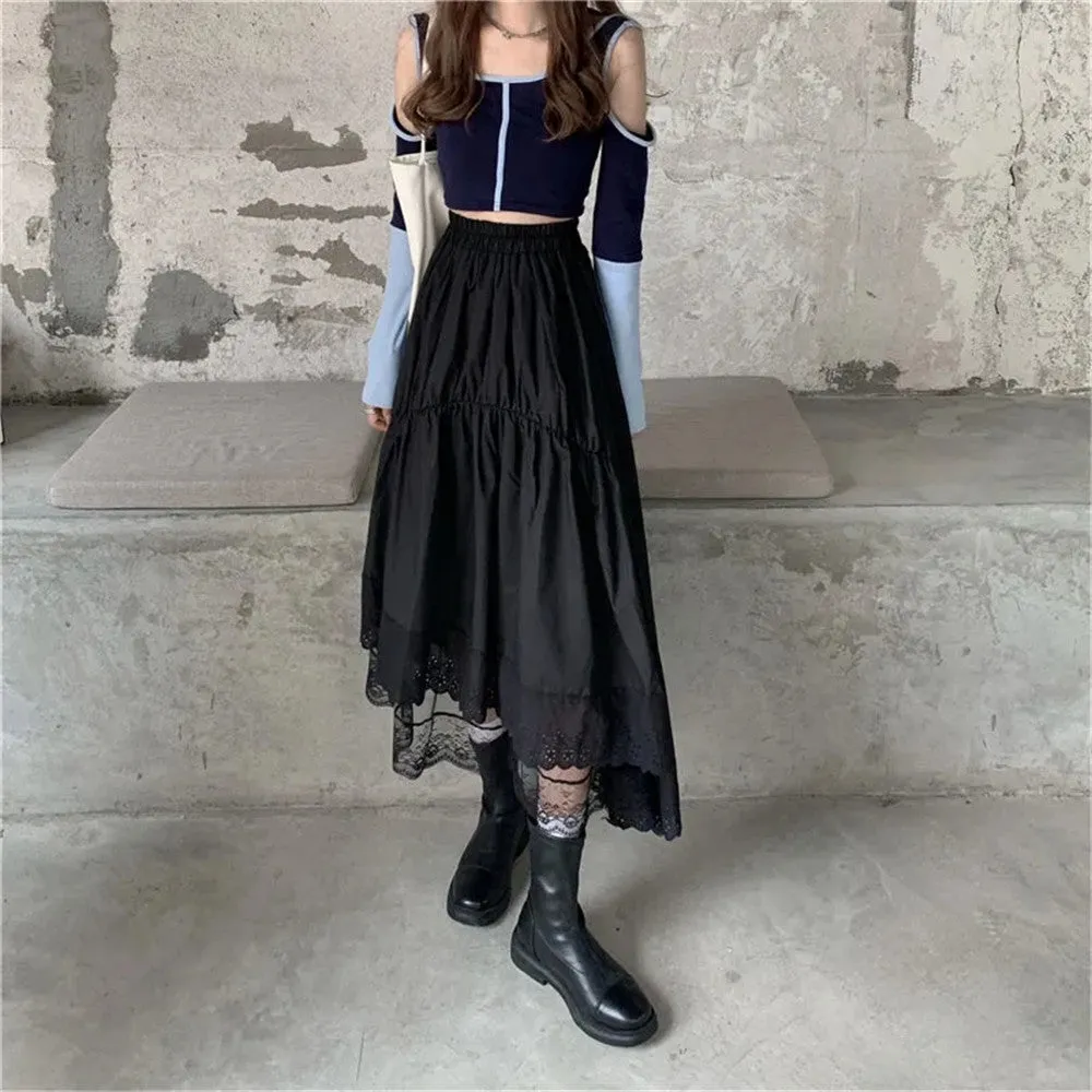 Amy Fashion - Black Gothic Lace Stitching Irregular Pleated Skirt