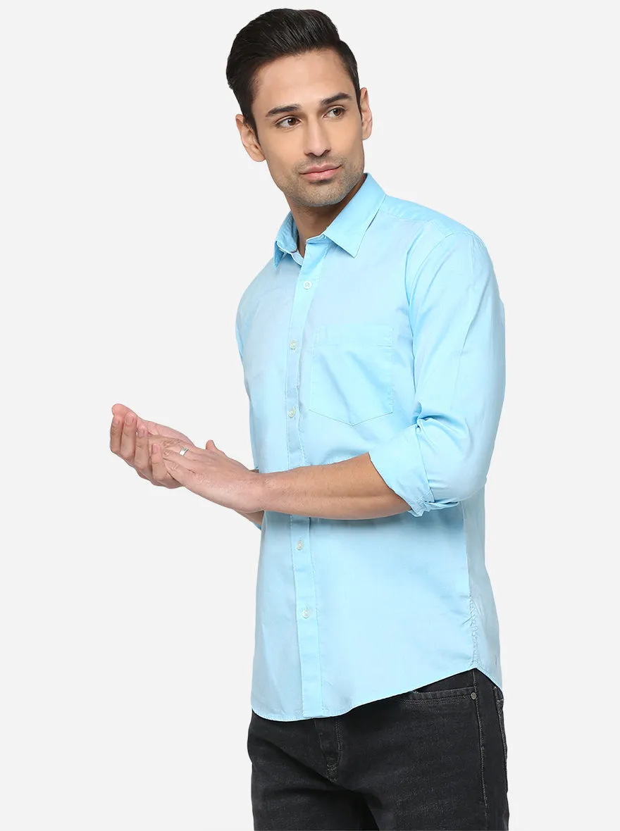 Aqua Blue Solid Slim Fit Casual Shirt | JadeBlue