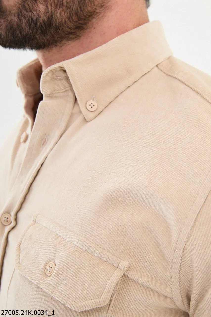 Beige Corduroy Button-Up Shirt with Dual Flap Pockets.