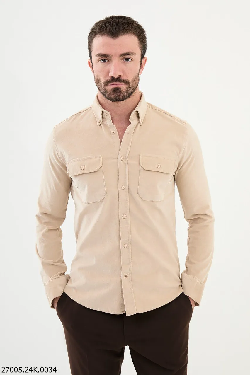 Beige Corduroy Button-Up Shirt with Dual Flap Pockets.