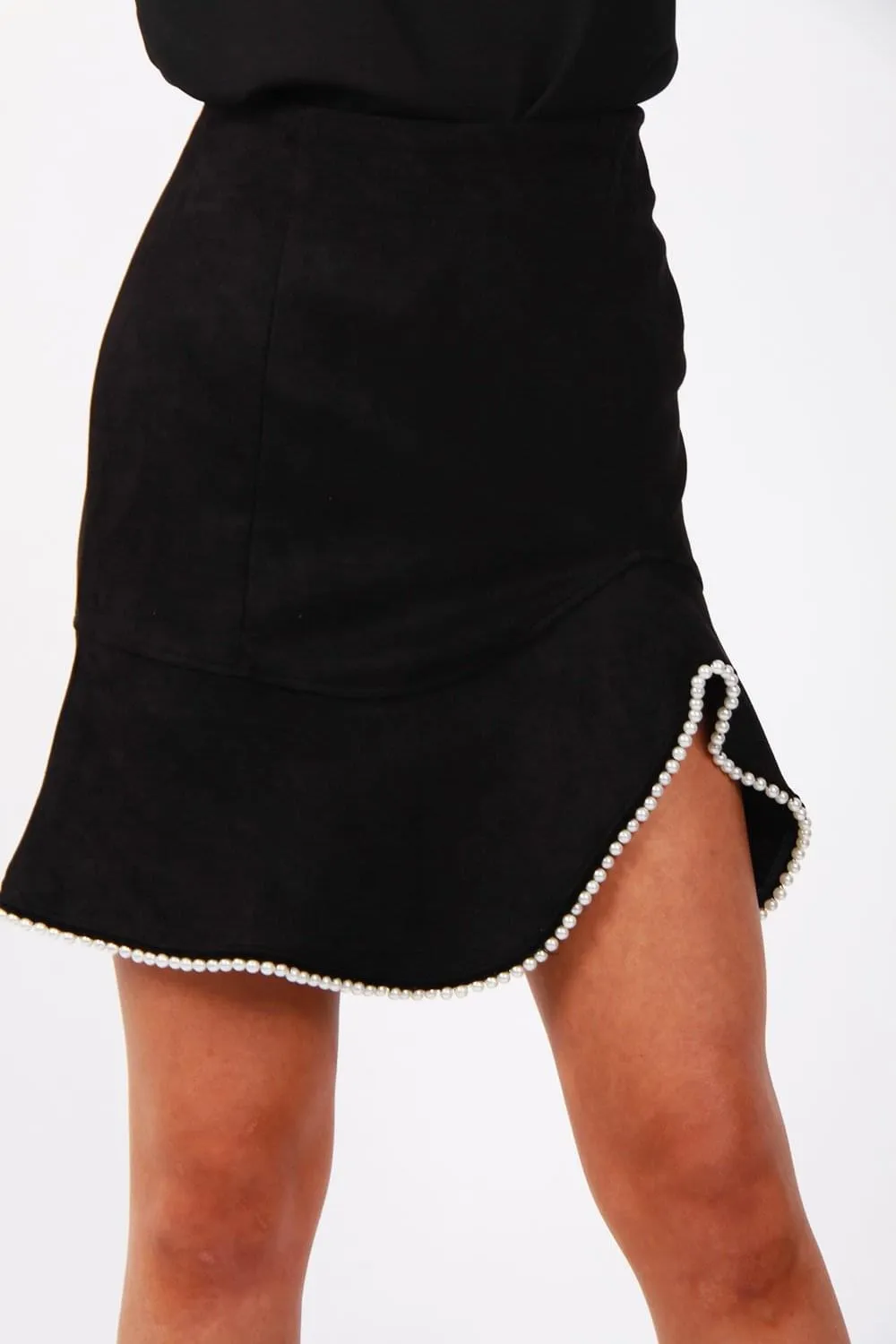 Black Faux Suede Bead Pearl Trim Frill Mini Skirt