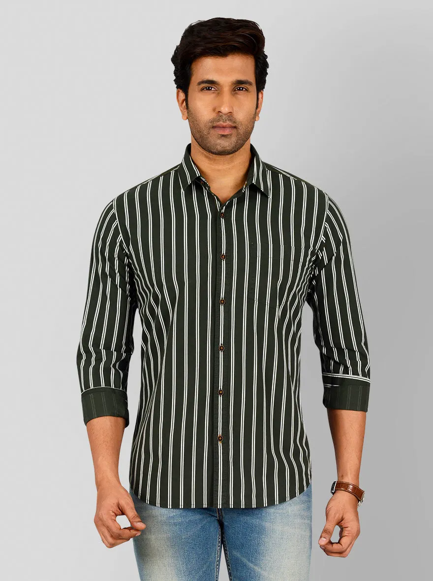 Bottle Green Striped Slim Fit Casual Shirt | Greenfibre