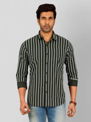 Bottle Green Striped Slim Fit Casual Shirt | Greenfibre