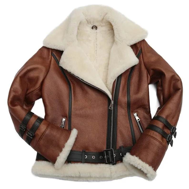 Brown B3 RAF Aviator Shearling Leather Jacket for Women