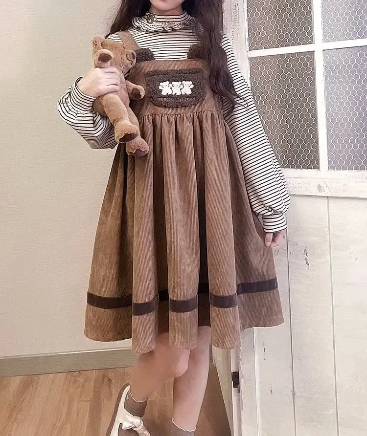 Corduroy Teddy Bear Overalls Dress