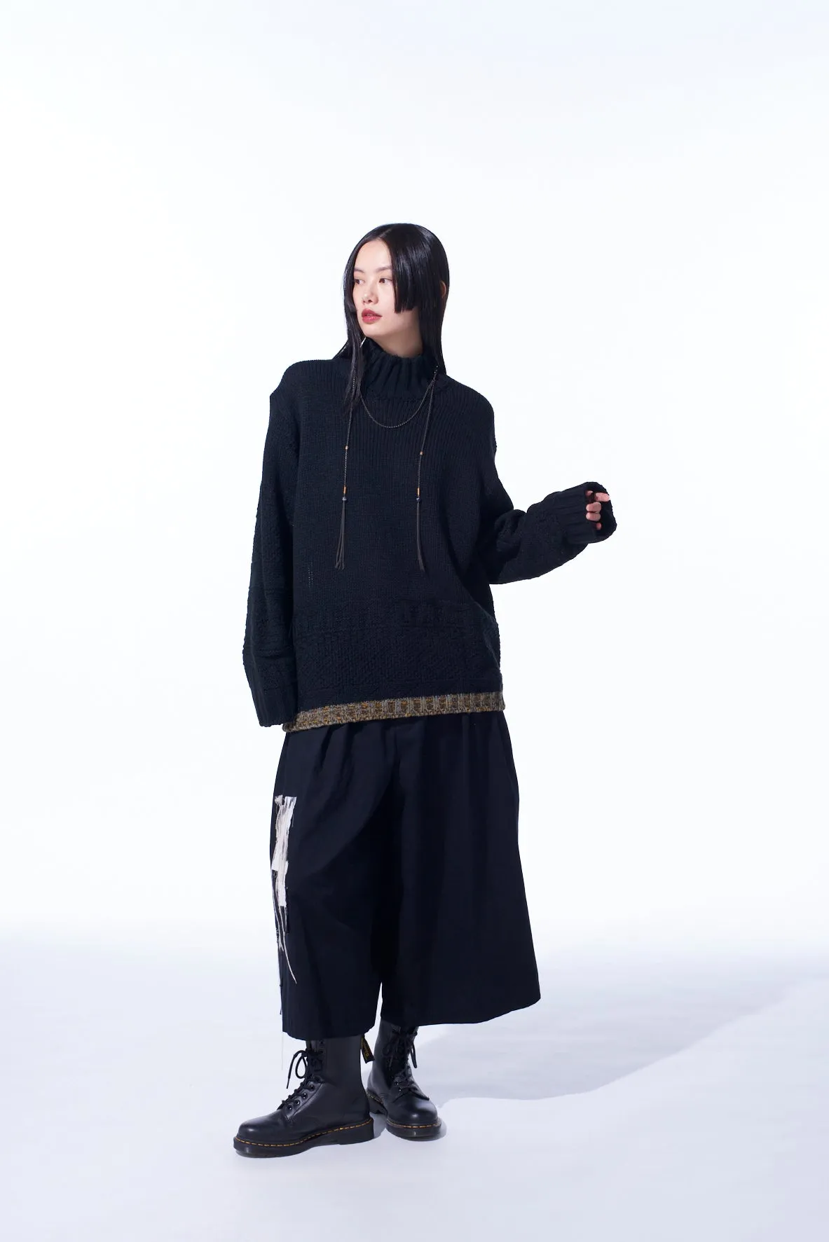 COTTON TWILL "BORO"APPLIQUE CULOTTE PANTS