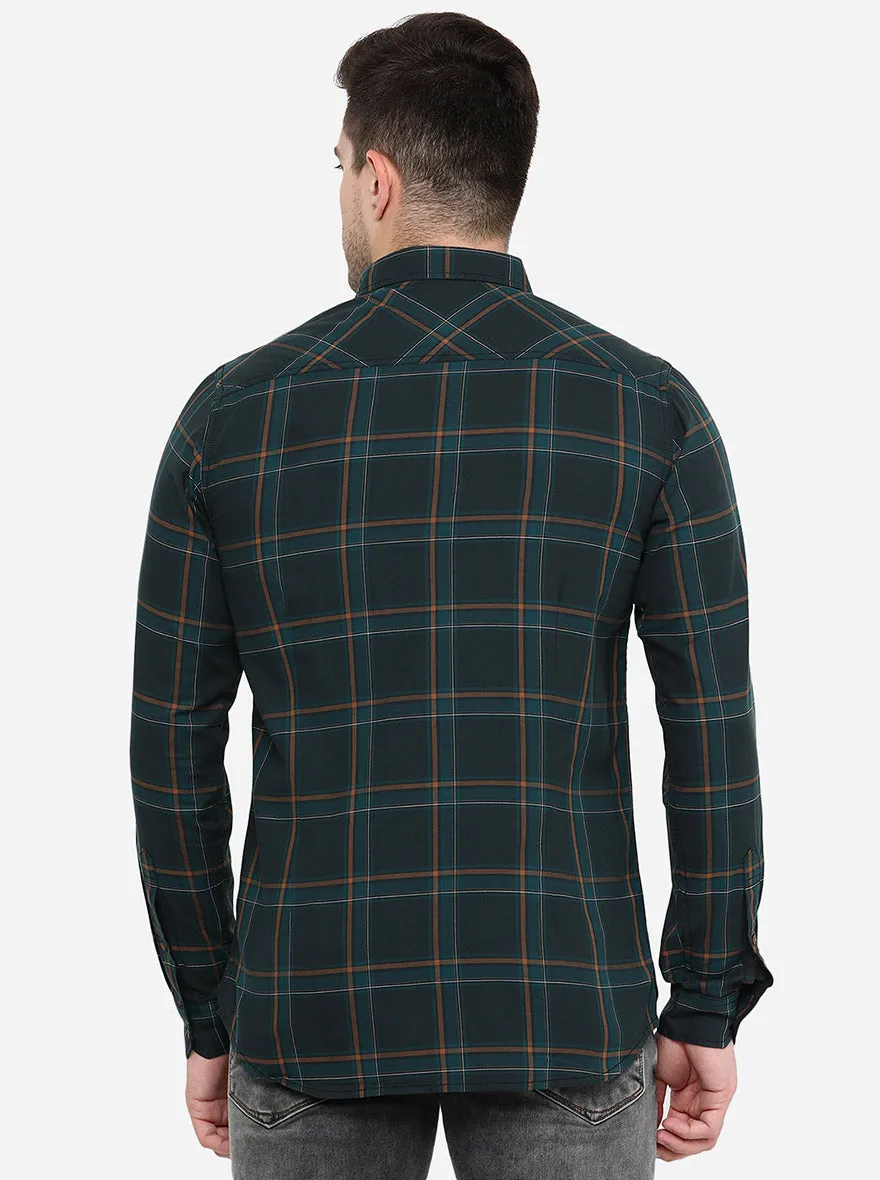 Dark Green Checked Slim Fit Semi Casual Shirt | JadeBlue