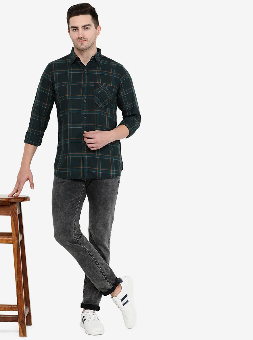 Dark Green Checked Slim Fit Semi Casual Shirt | JadeBlue