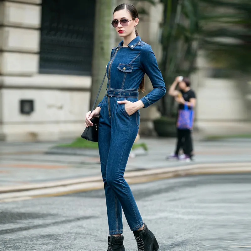 Denim Jumpsuit women Hight Waist Front Zipper Denim Overalls Playsuits Female Long Sleeve Turn Down Collar Jeans Rompers