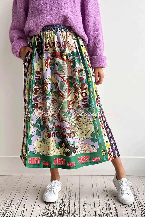 Dragon Season Unique Print Elastic Waist Pocketed Midi Skirt