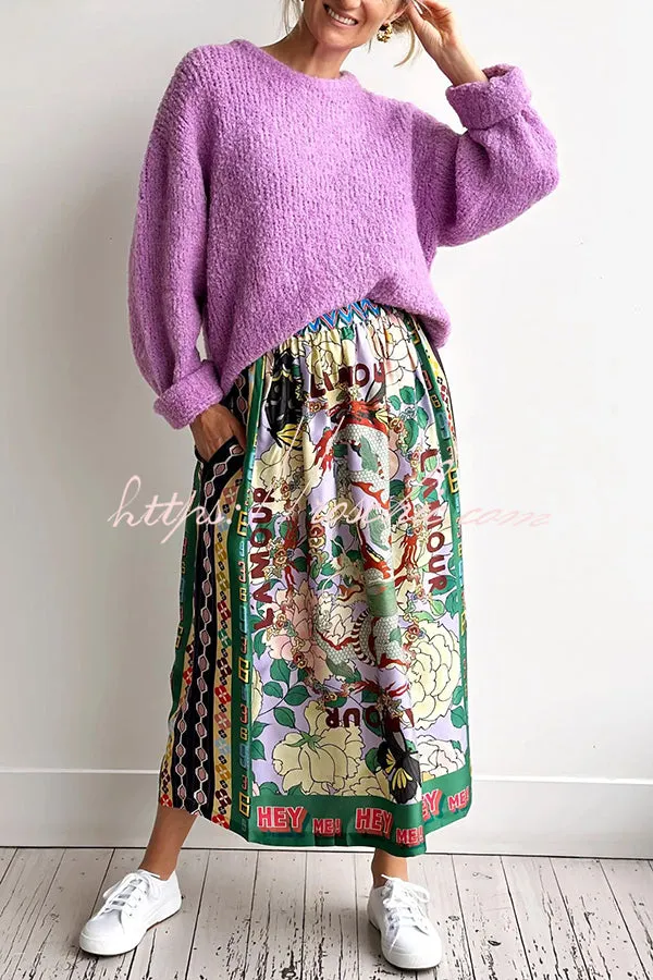 Dragon Season Unique Print Elastic Waist Pocketed Midi Skirt