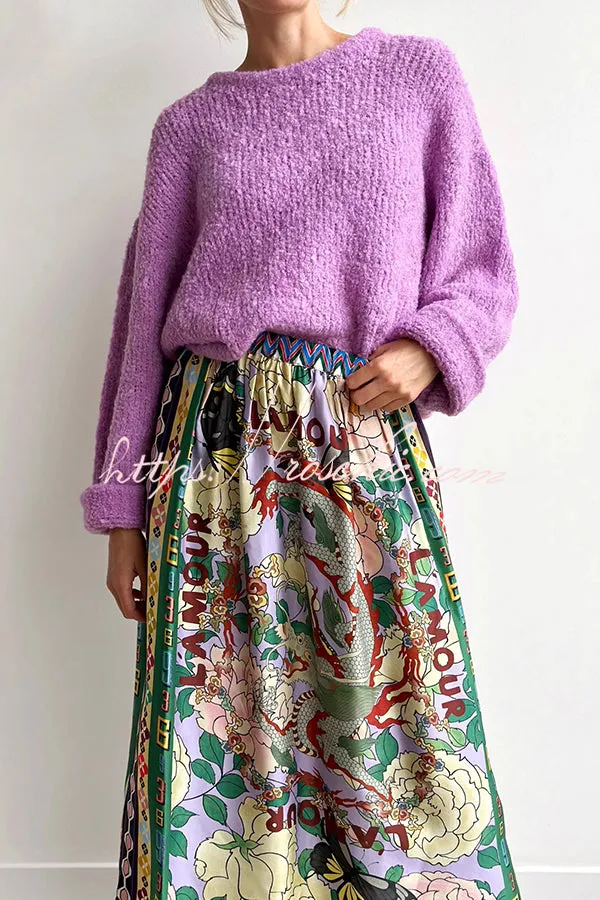 Dragon Season Unique Print Elastic Waist Pocketed Midi Skirt