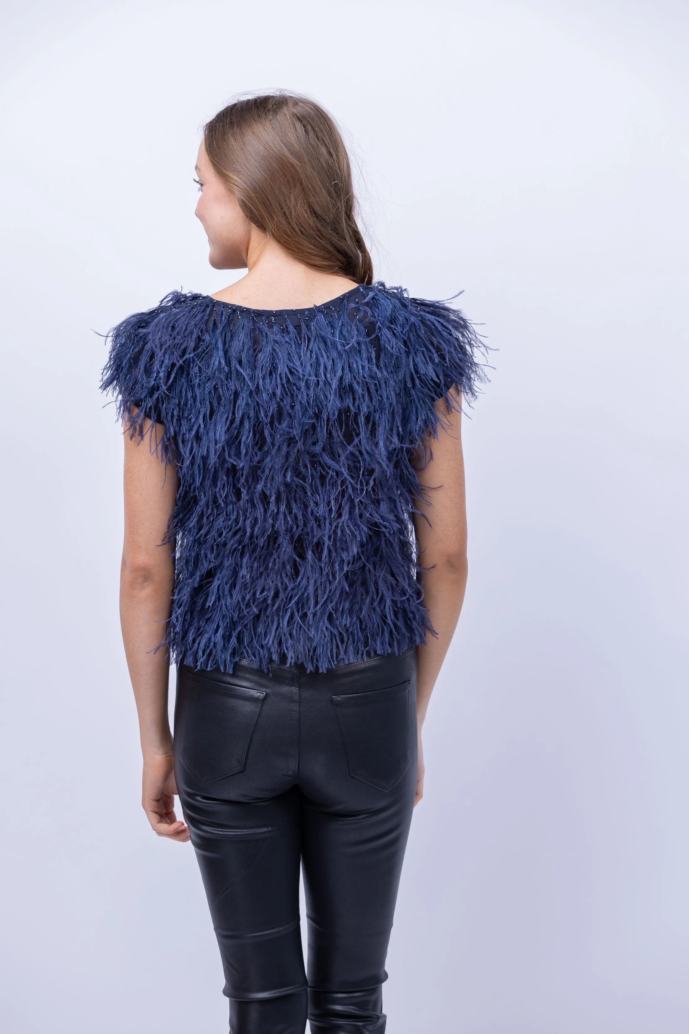 Emily Shalant Feather V-neck Short Sleeve Top in Navy