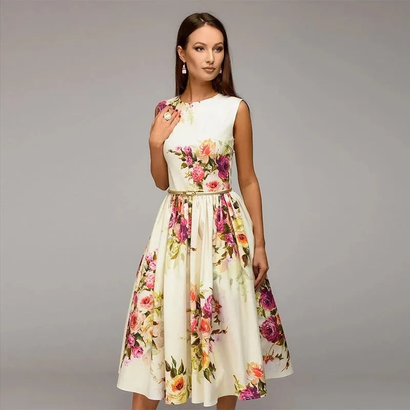 Fashionkova  Lady Party Dress 2022 Summer Autumn Women Sleeveless Flowers Printing Vestidos Elegant Casual A-Line Dress No Belt