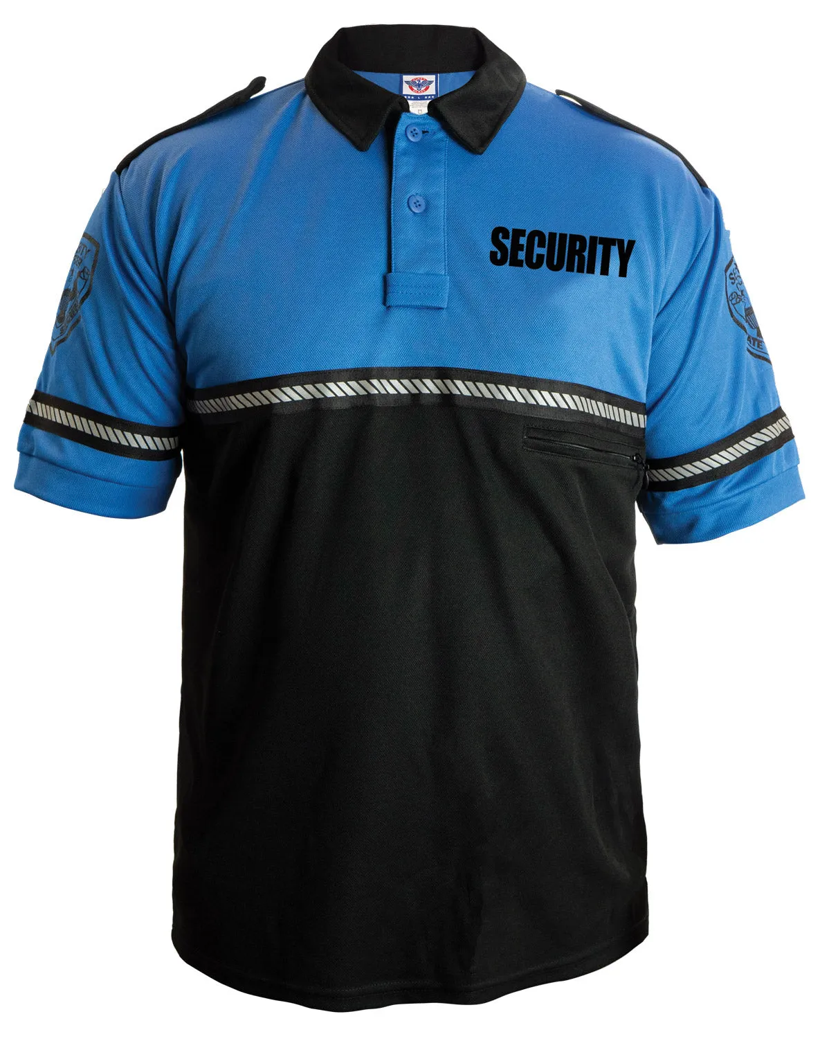 First Class Security and Patch Two Tone Bike Patrol Polo Shirt with Zipper Pocket and Reflective Hash Stripes