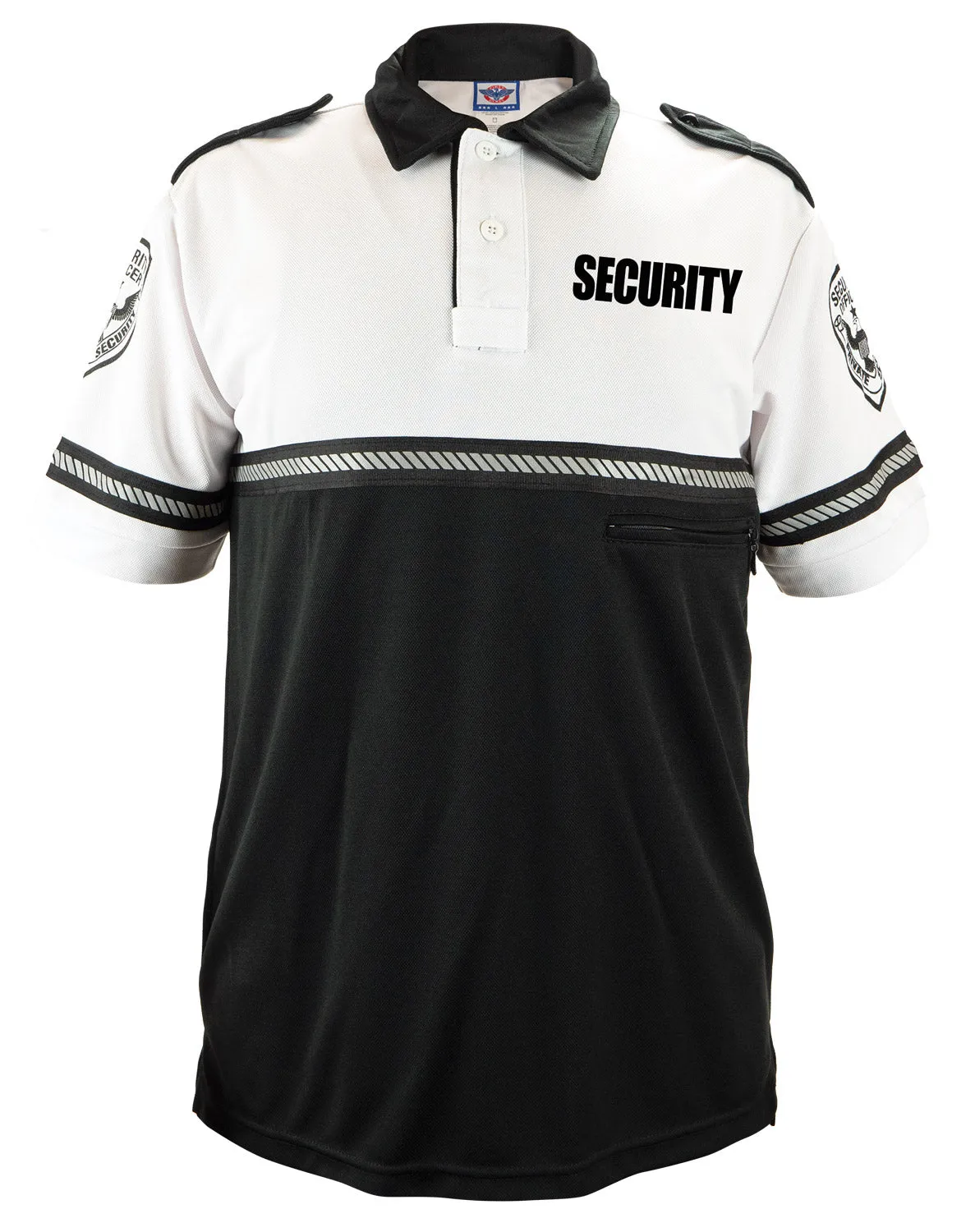 First Class Security and Patch Two Tone Bike Patrol Polo Shirt with Zipper Pocket and Reflective Hash Stripes