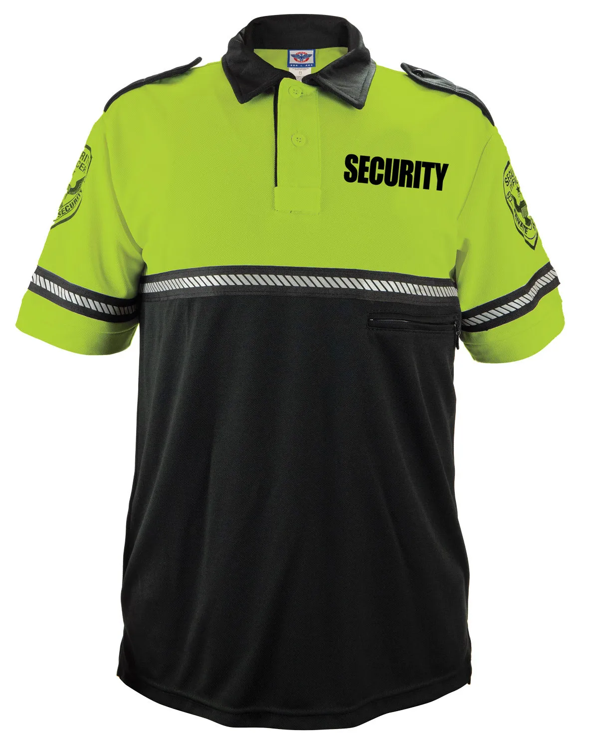 First Class Security and Patch Two Tone Bike Patrol Polo Shirt with Zipper Pocket and Reflective Hash Stripes