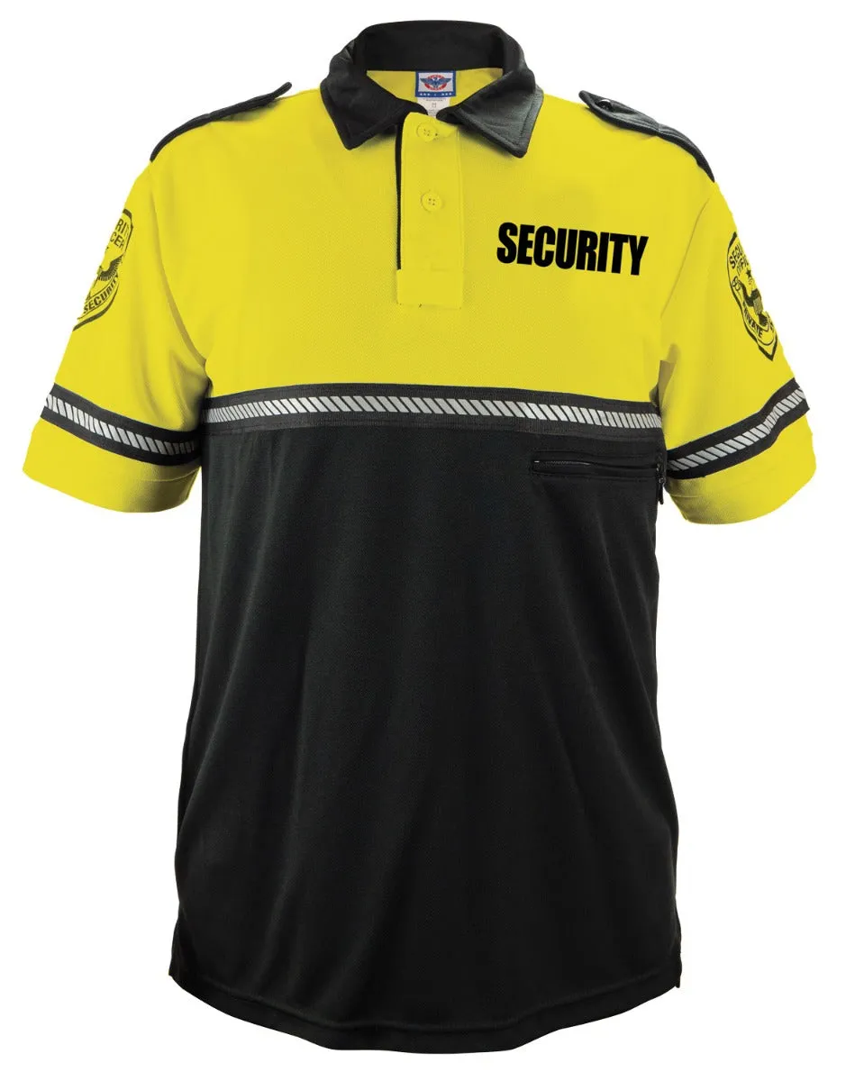 First Class Security and Patch Two Tone Bike Patrol Polo Shirt with Zipper Pocket and Reflective Hash Stripes