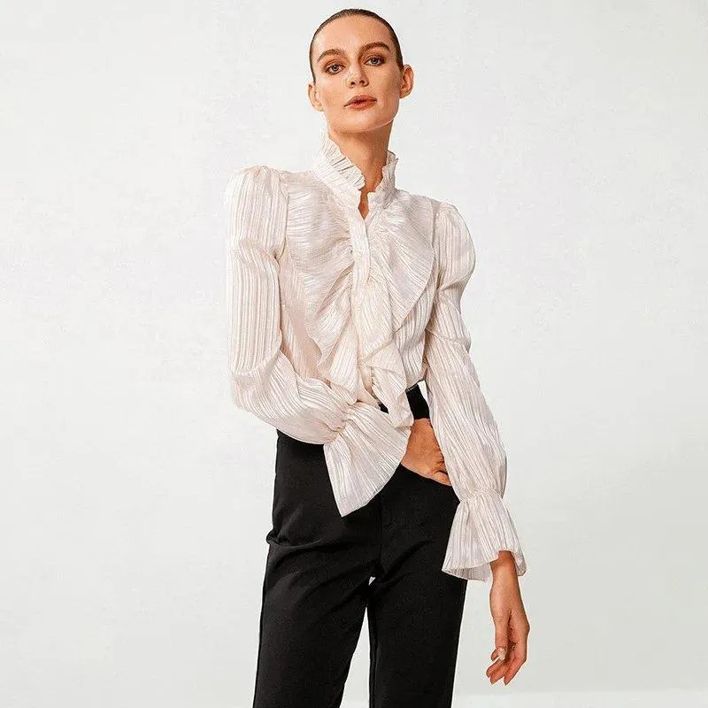 Ladies Slim Top Ruffled Button-Down Shirt