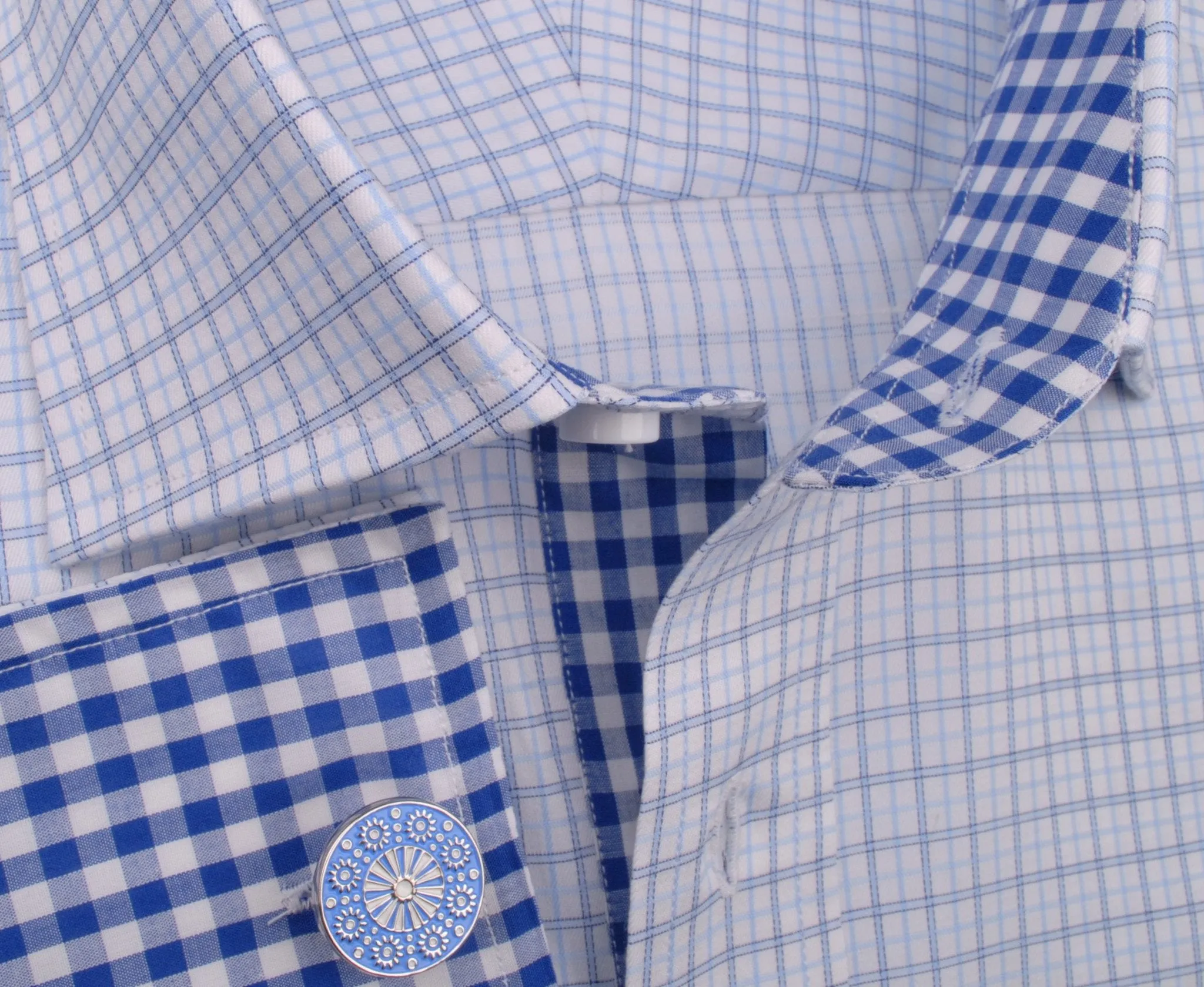 Light Blue Cross Check on Twill Formal Business Dress Shirt with Gingham Check Inner-Lining