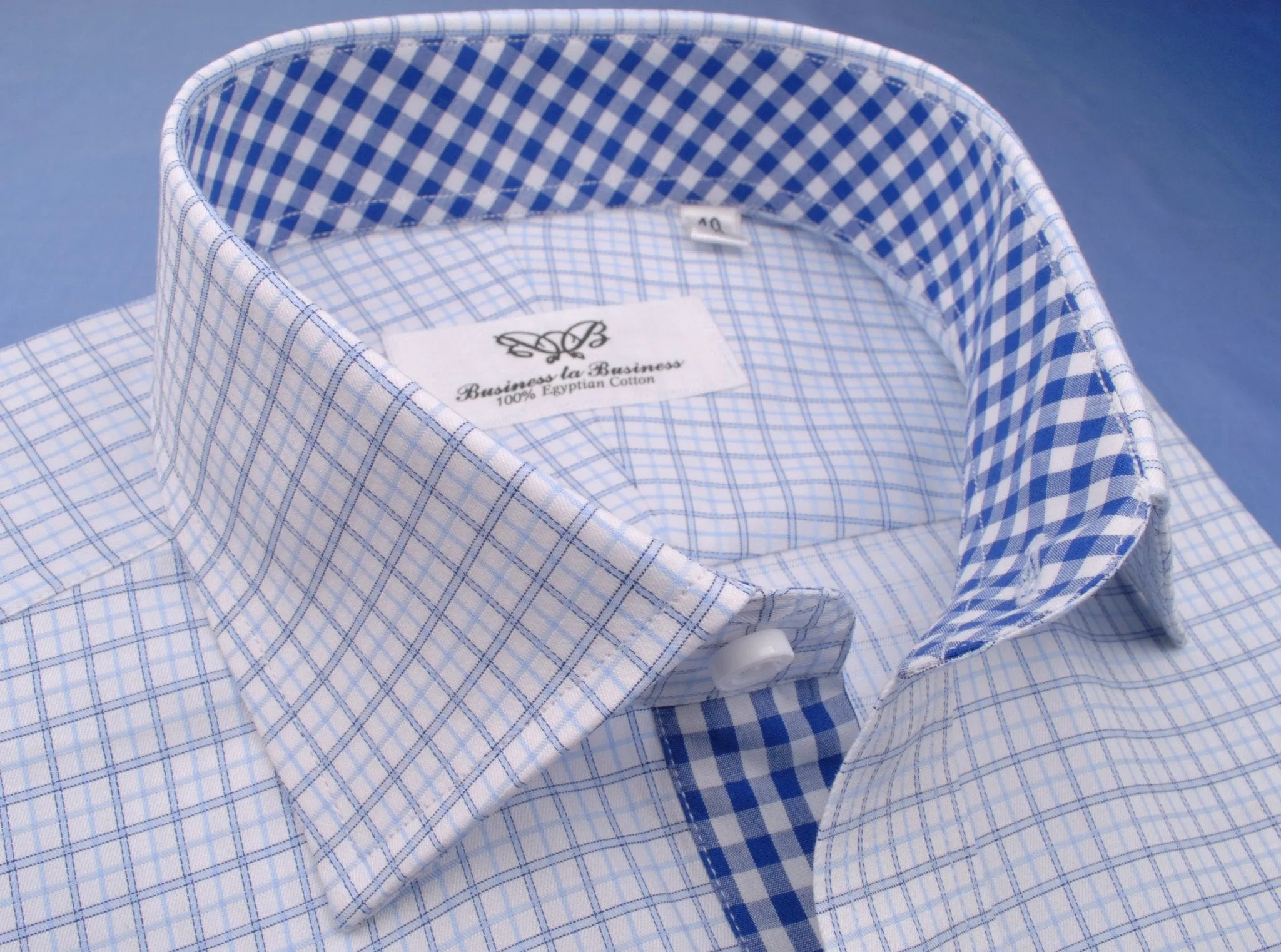 Light Blue Cross Check on Twill Formal Business Dress Shirt with Gingham Check Inner-Lining