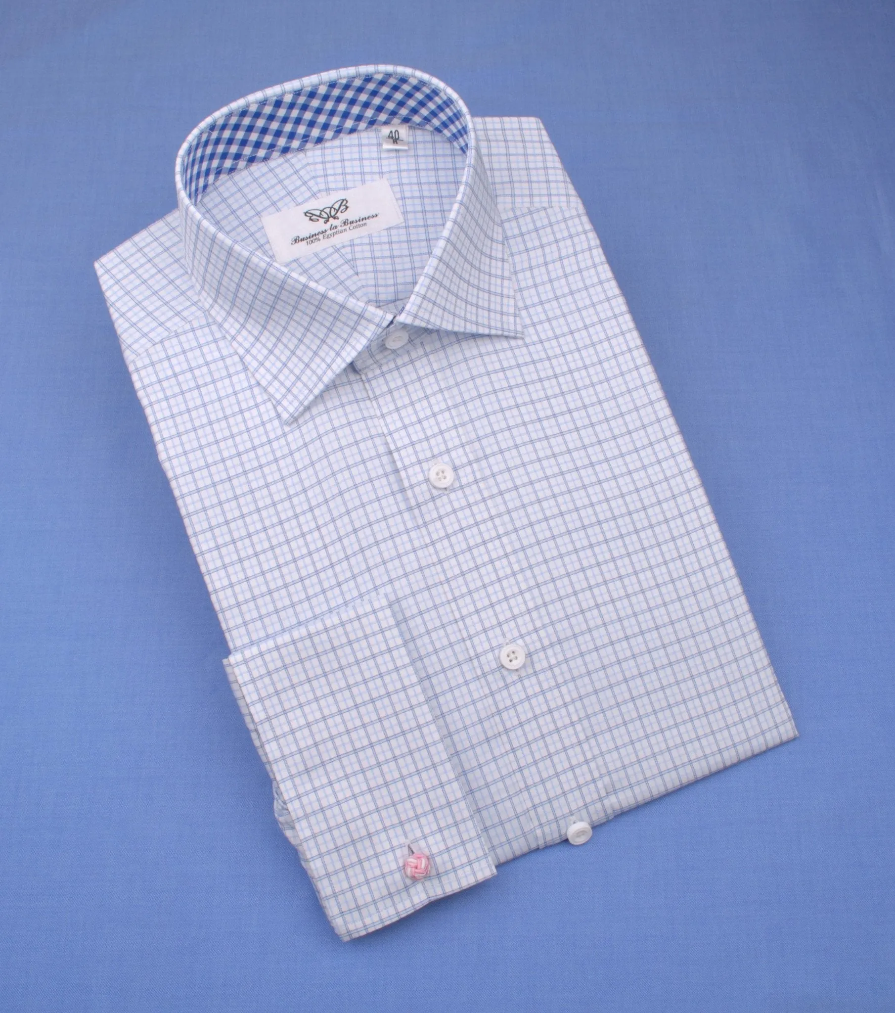 Light Blue Cross Check on Twill Formal Business Dress Shirt with Gingham Check Inner-Lining