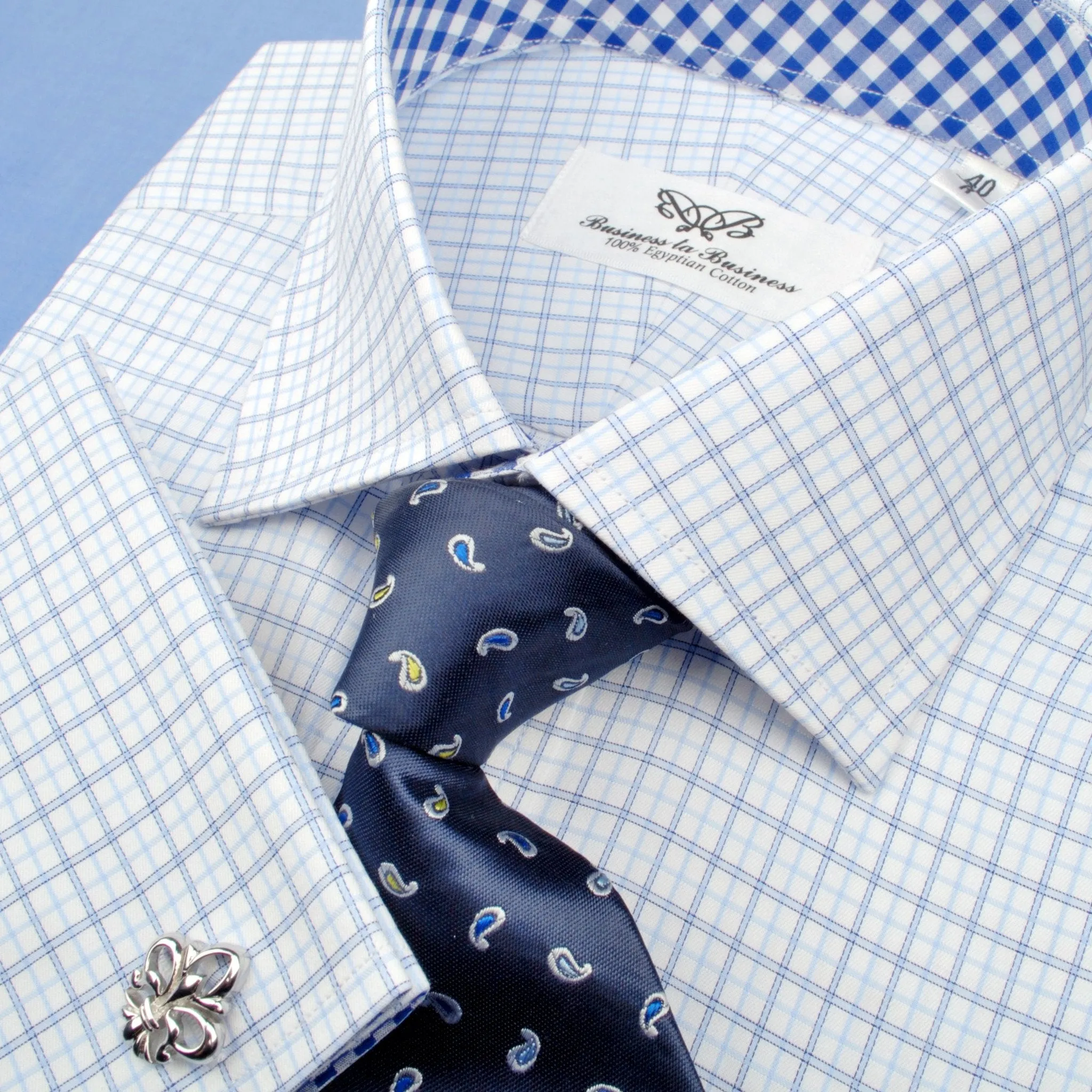 Light Blue Cross Check on Twill Formal Business Dress Shirt with Gingham Check Inner-Lining