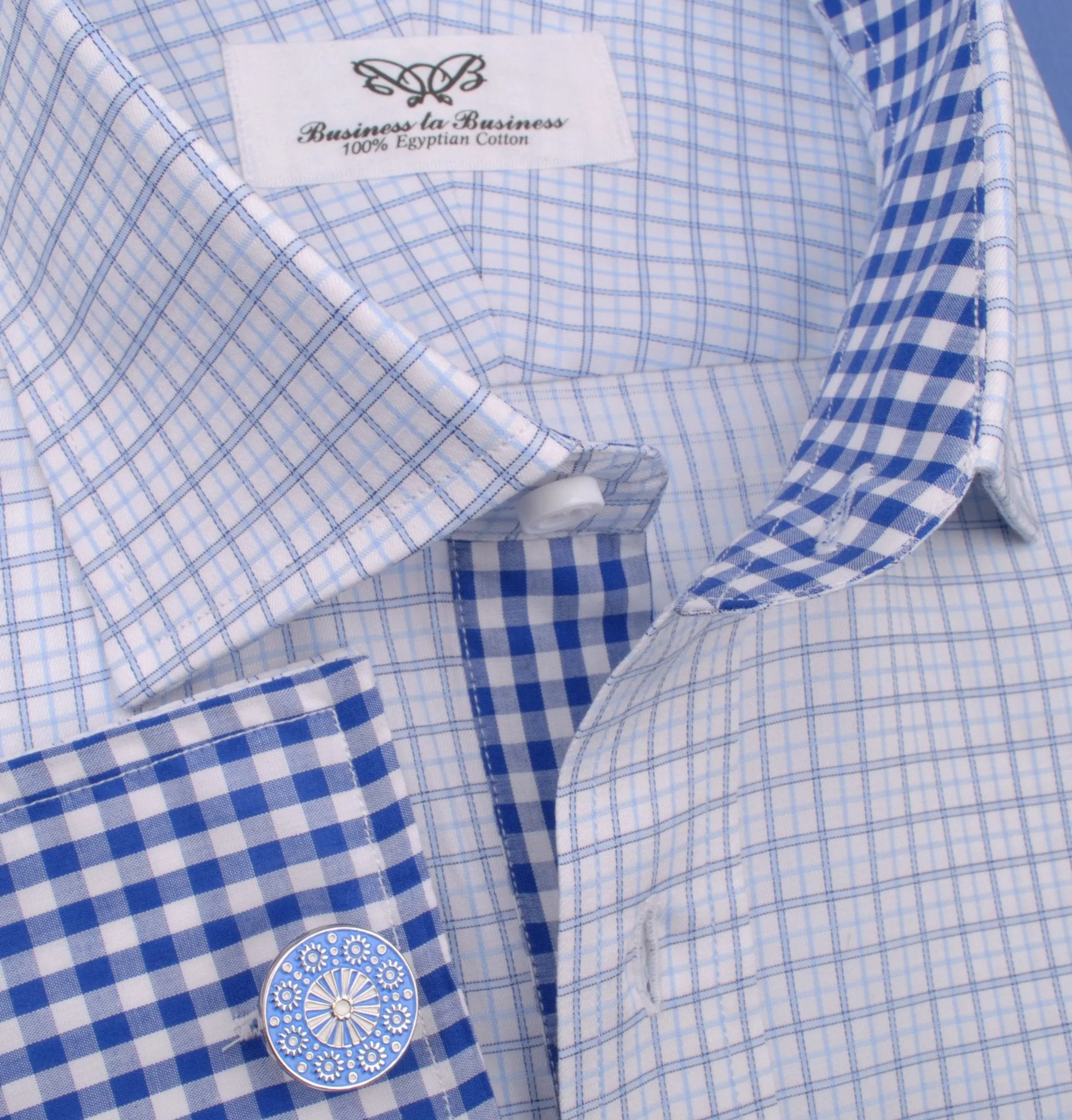 Light Blue Cross Check on Twill Formal Business Dress Shirt with Gingham Check Inner-Lining