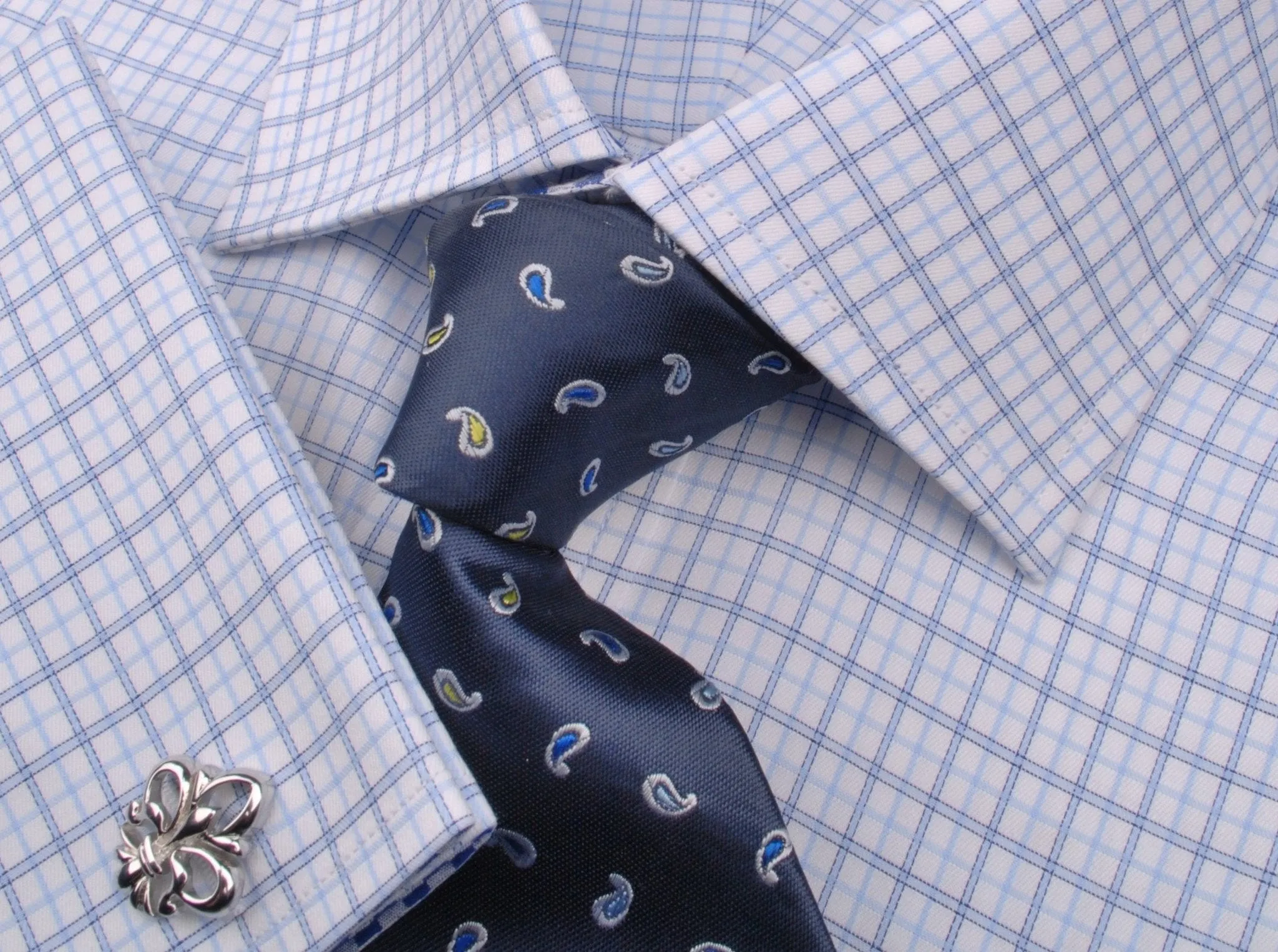 Light Blue Cross Check on Twill Formal Business Dress Shirt with Gingham Check Inner-Lining