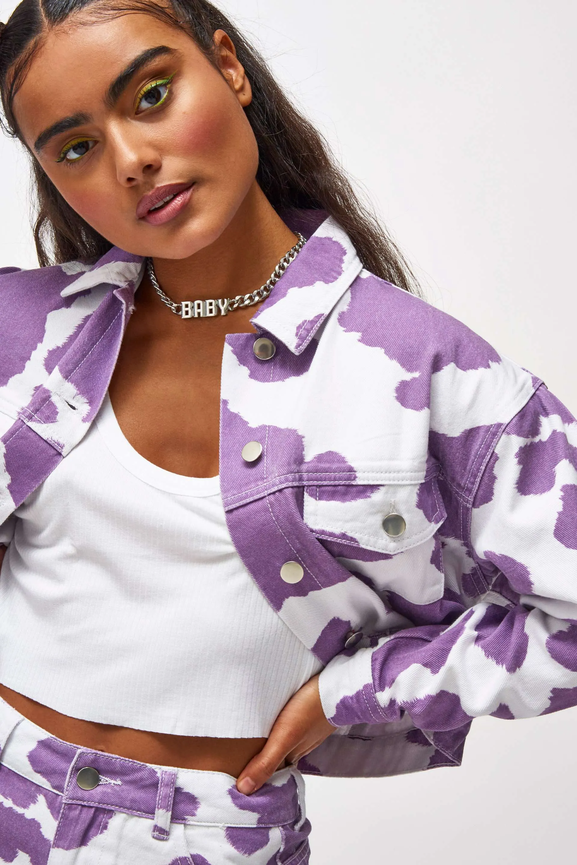 Lilac Cow Print Denim Jacket