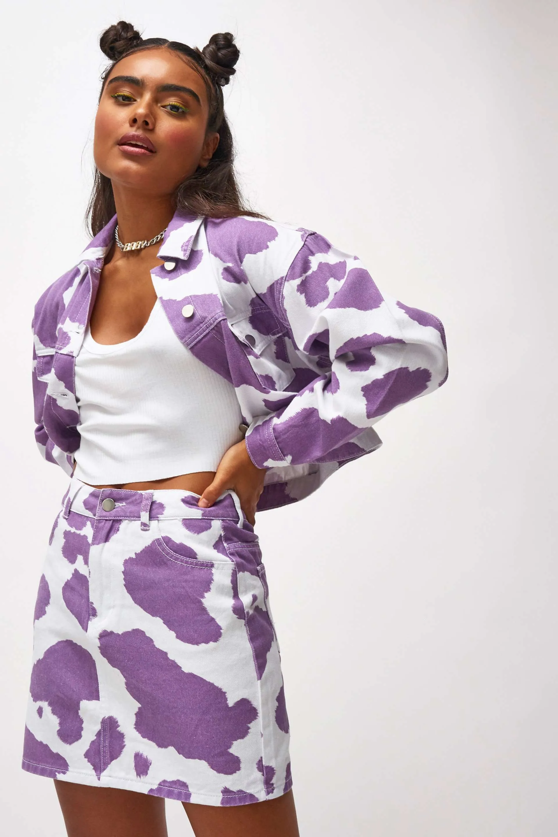 Lilac Cow Print Denim Jacket