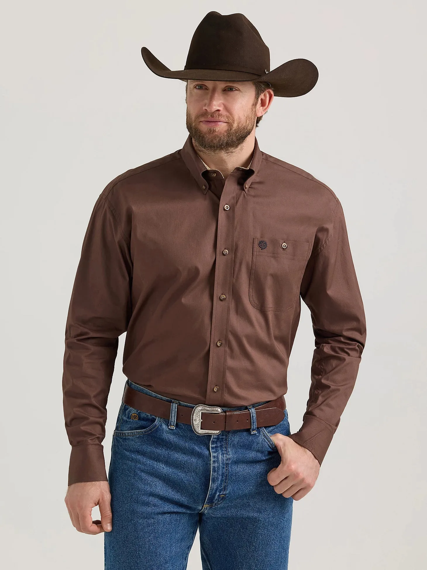 Men's Wrangler George Strait Solid Brown Long Sleeve Button Down Shirt