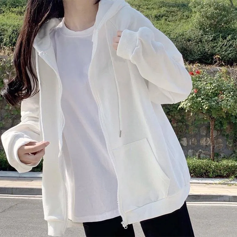 METAVERSMALL Spring white hooded jacket New loose sweater foreign versatile niche girl top thin