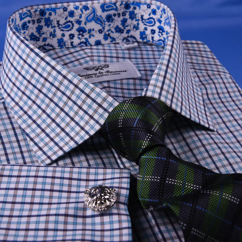 Multi-Colored Green Plaids & Checks Dress Shirt Business Formal Paisley Floral in French Cuffs