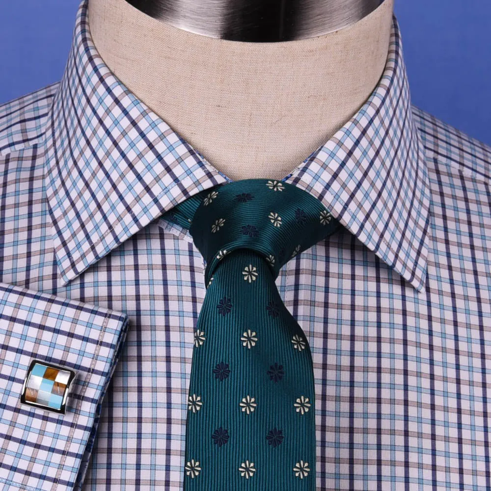 Multi-Colored Green Plaids & Checks Dress Shirt Business Formal Paisley Floral in French Cuffs