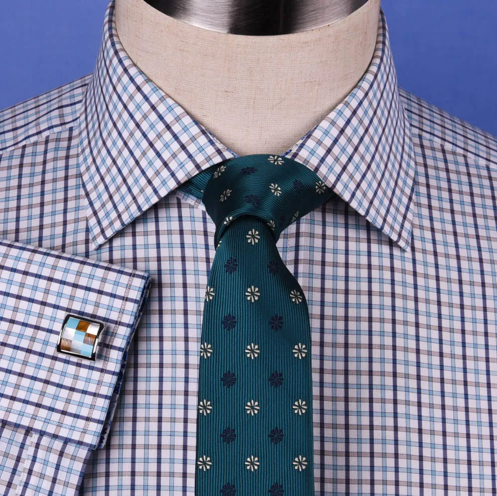 Multi-Colored Green Plaids & Checks Dress Shirt Business Formal Paisley Floral in French Cuffs