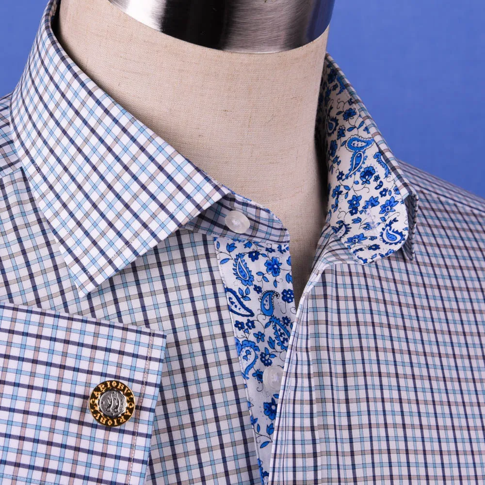 Multi-Colored Green Plaids & Checks Dress Shirt Business Formal Paisley Floral in French Cuffs