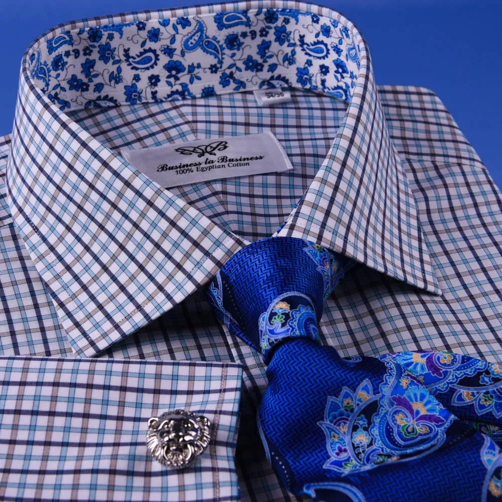 Multi-Colored Green Plaids & Checks Dress Shirt Business Formal Paisley Floral in French Cuffs