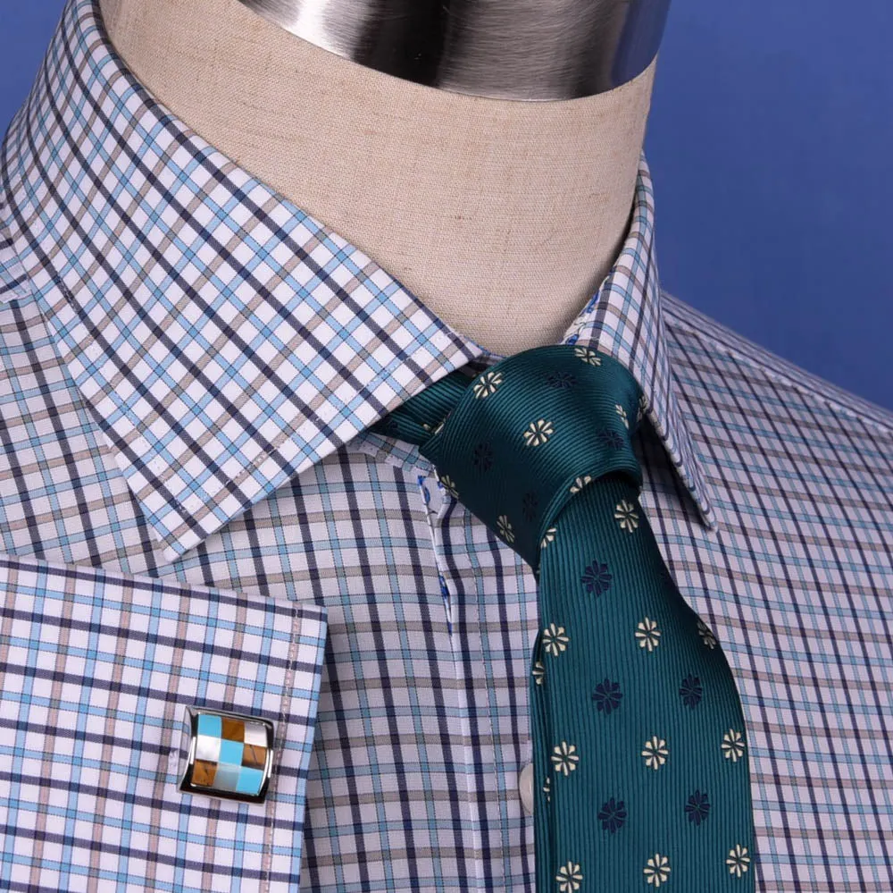 Multi-Colored Green Plaids & Checks Dress Shirt Business Formal Paisley Floral in French Cuffs