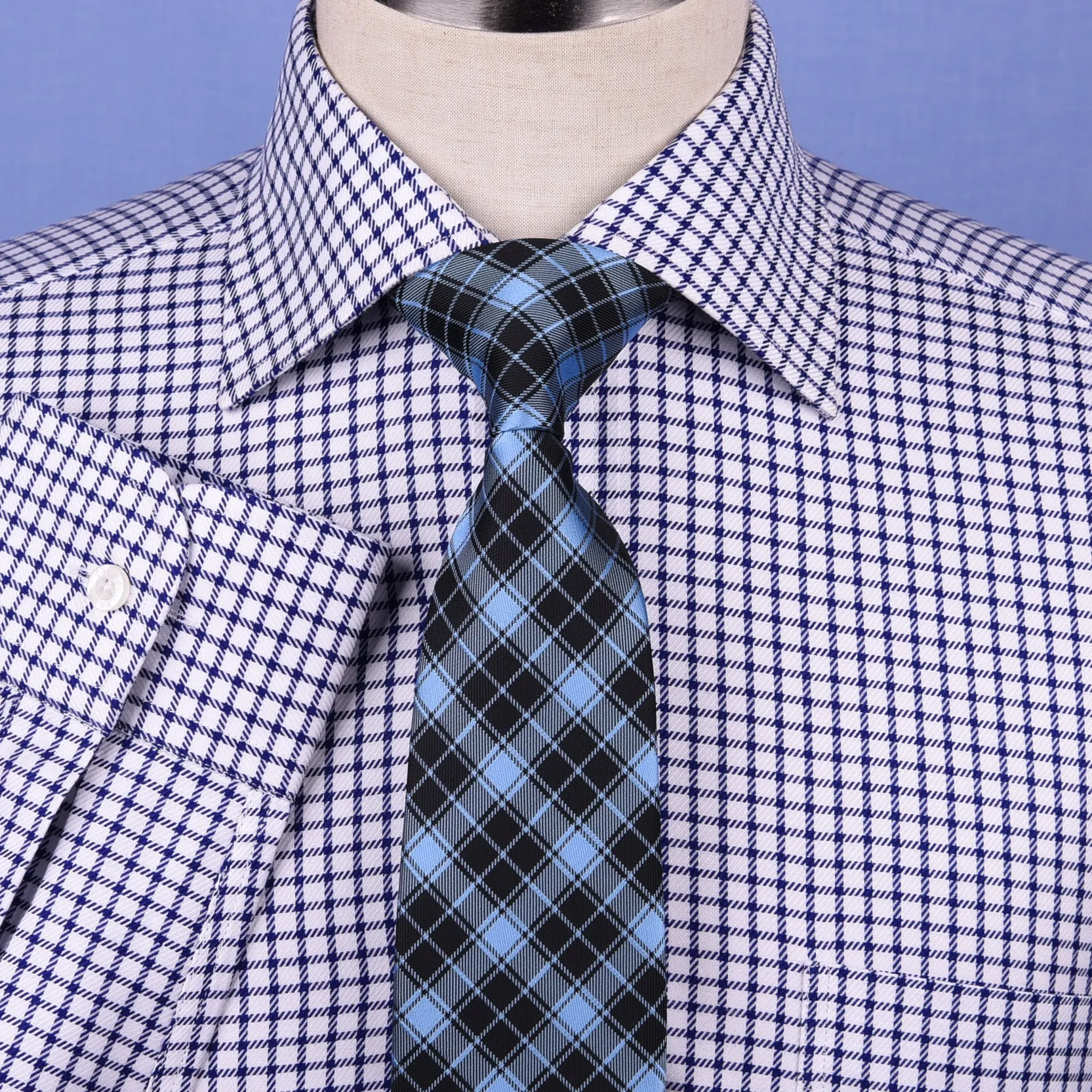 Navy Blue Double Plaid Formal Business Dress Shirt Mens Check Checkers Style Top in Single Button Cuffs