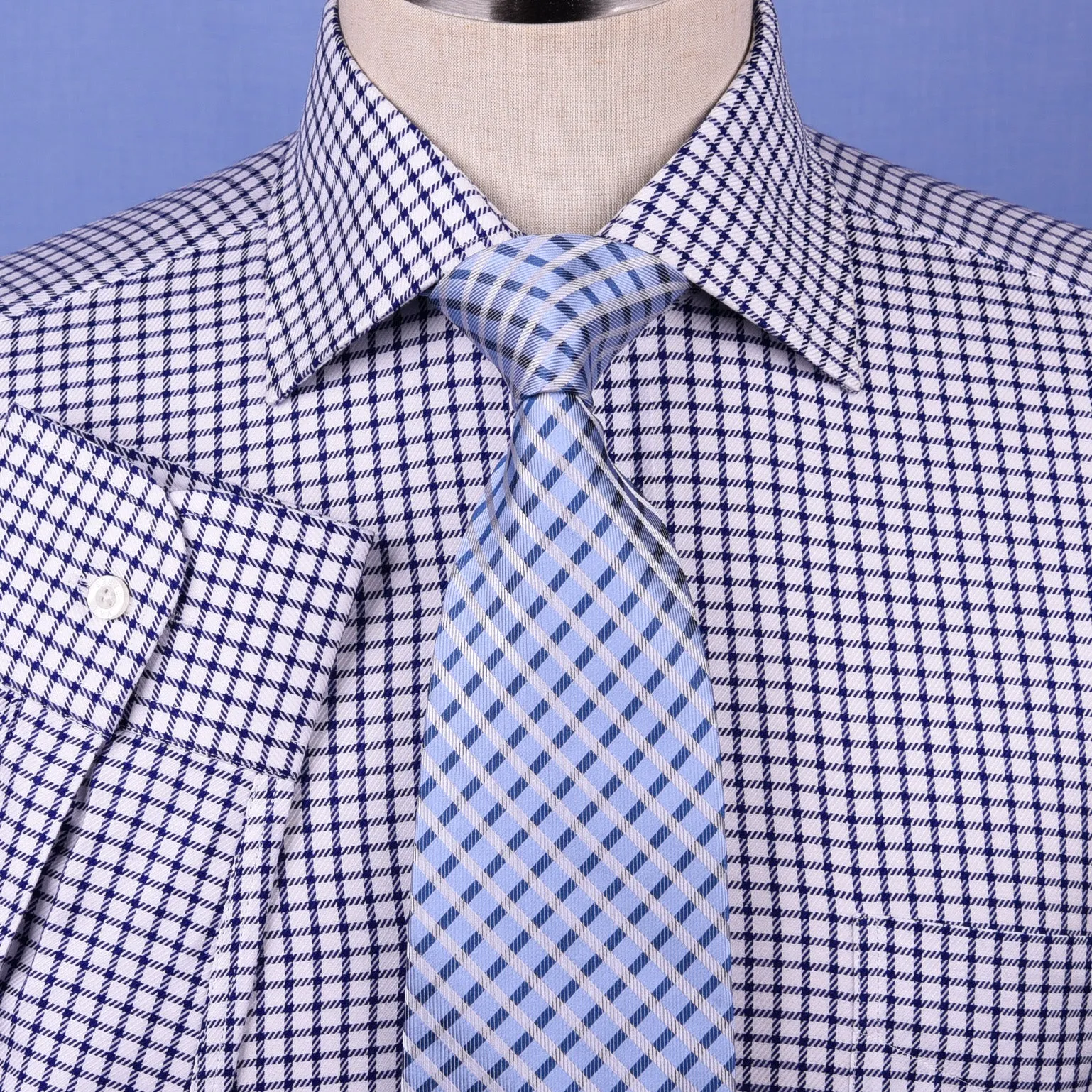 Navy Blue Double Plaid Formal Business Dress Shirt Mens Check Checkers Style Top in Single Button Cuffs