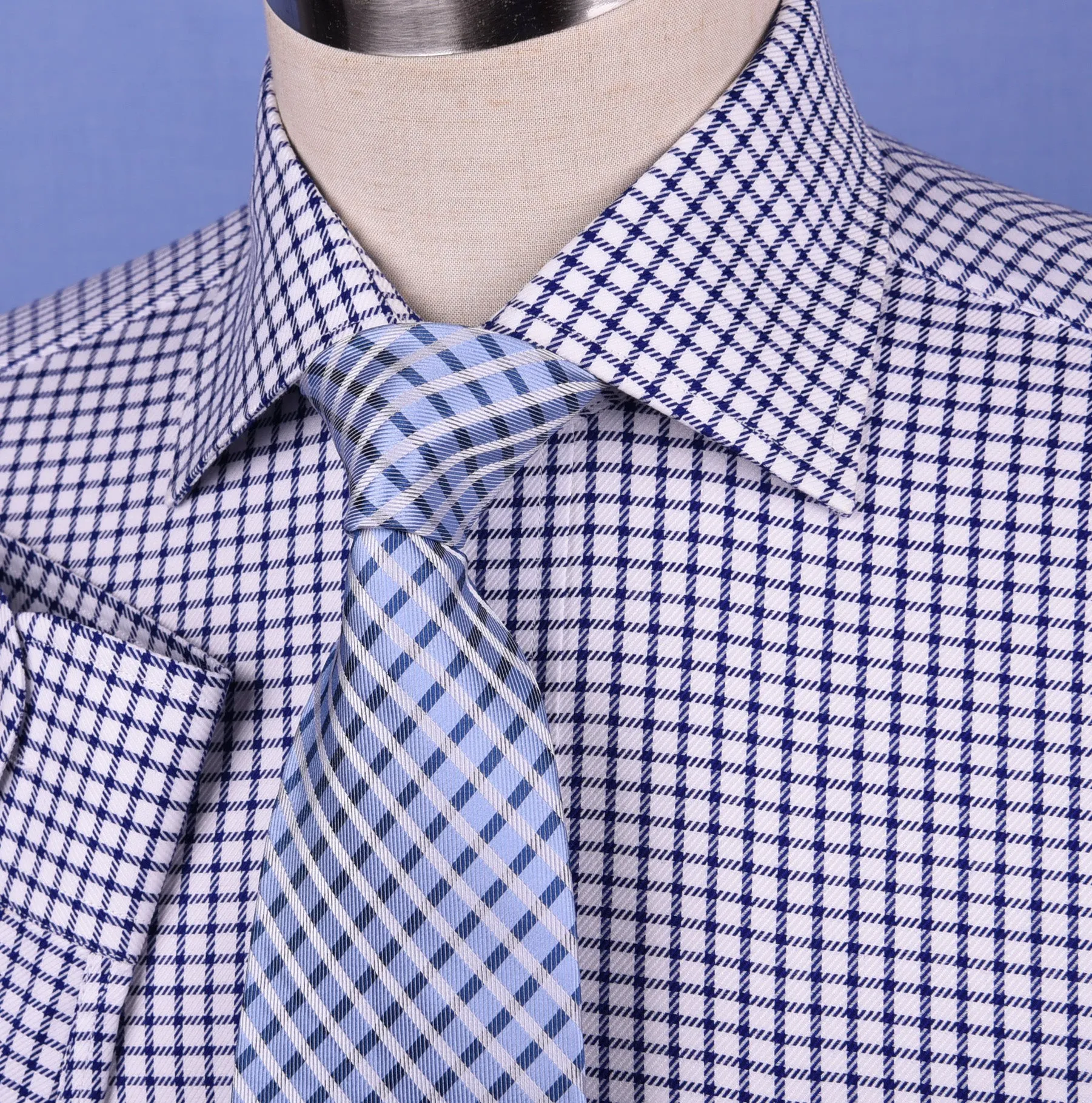 Navy Blue Double Plaid Formal Business Dress Shirt Mens Check Checkers Style Top in Single Button Cuffs