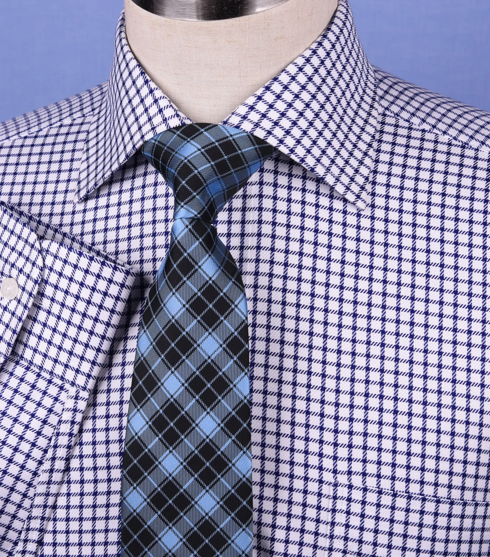 Navy Blue Double Plaid Formal Business Dress Shirt Mens Check Checkers Style Top in Single Button Cuffs