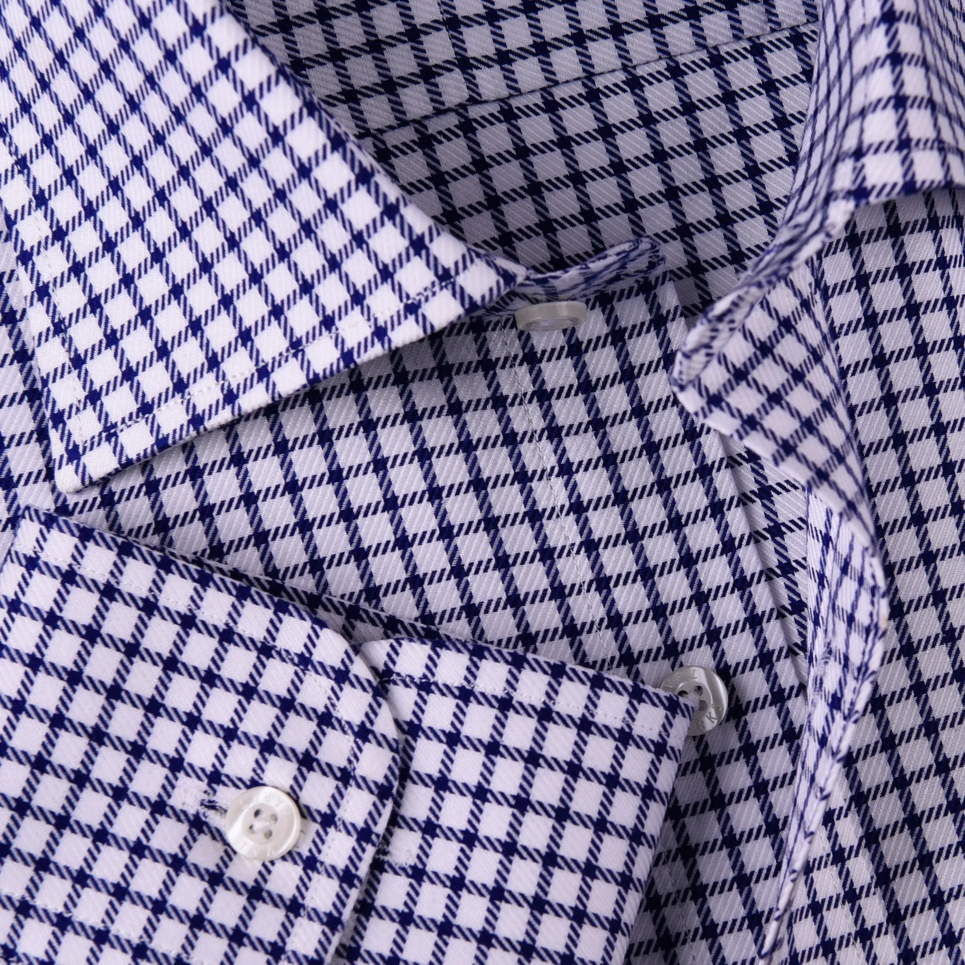 Navy Blue Double Plaid Formal Business Dress Shirt Mens Check Checkers Style Top in Single Button Cuffs