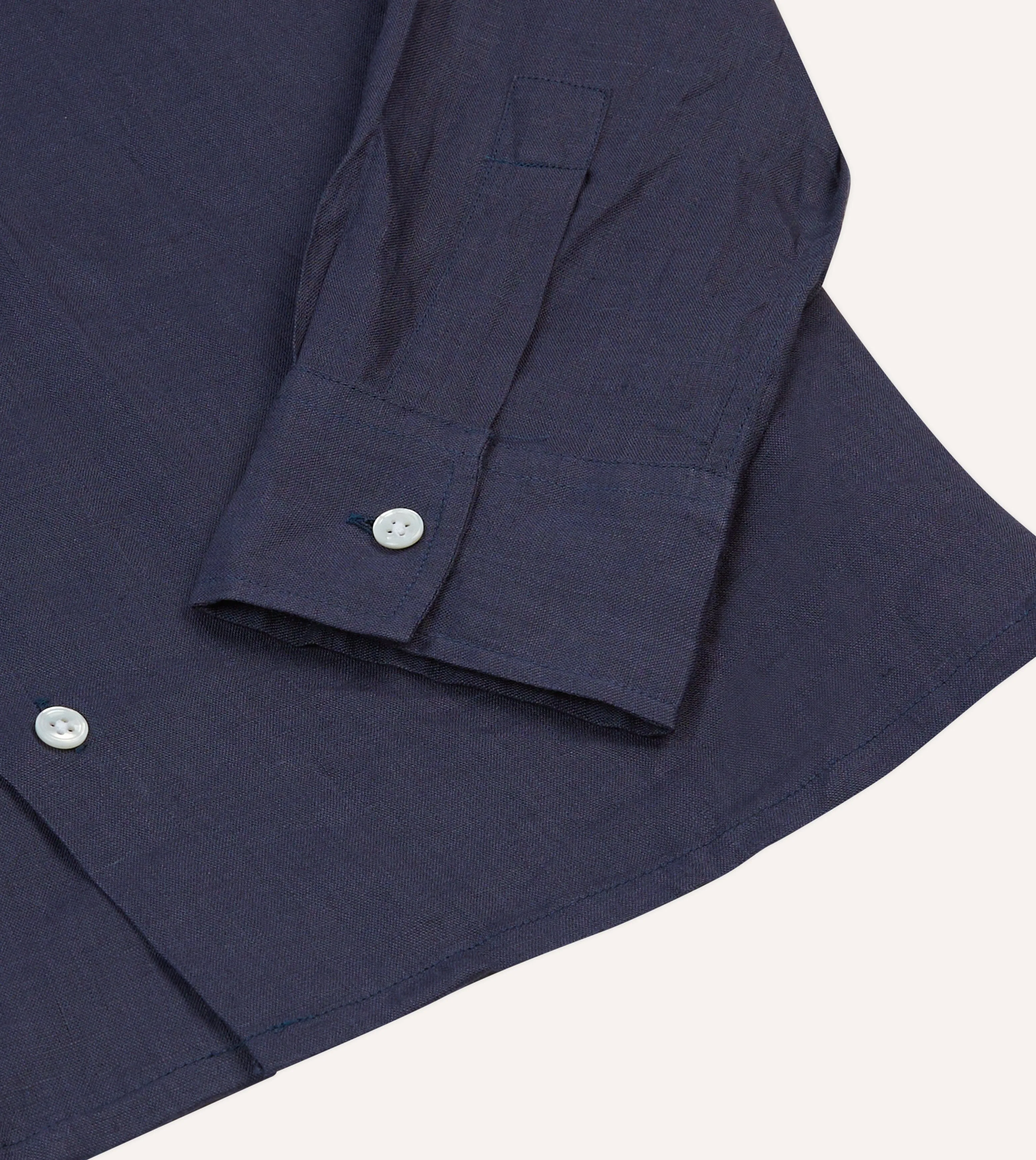 Navy Linen Camp Collar Long Sleeve Shirt